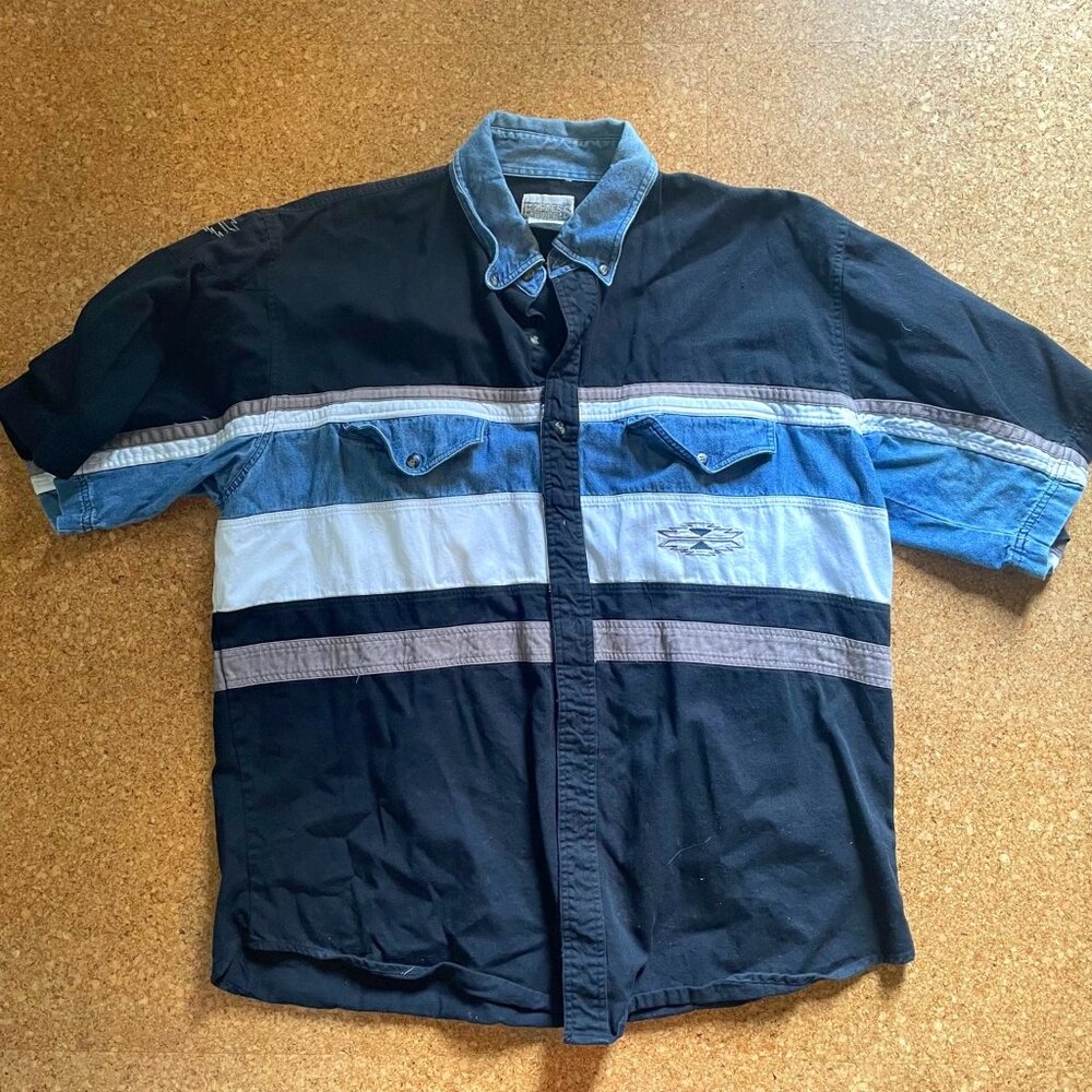 Vintage Colorblock Denim & Black Button-Up Shirt